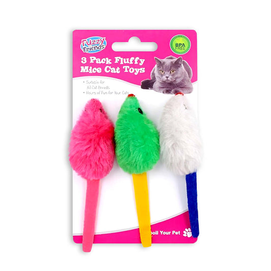 3PK FLUFFY MICE CAT TOYS SMALL MOUSE FURRY INTERACTIVE PLAY KITTEN PET TEASER