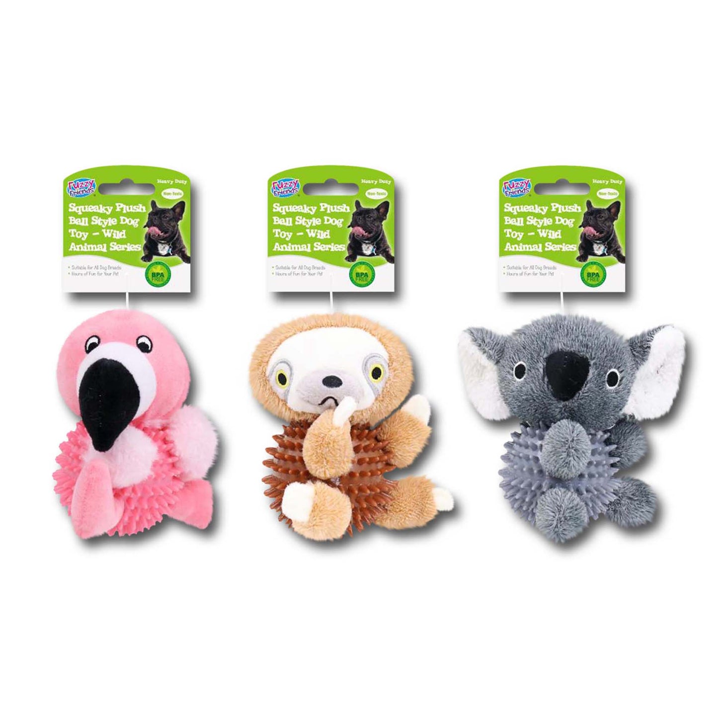 SQUEAKY PLUSH BALL STYLE DOG TOY - WILD ANIMAL SERIES - KOALA/FLAMINGO/MONKEY