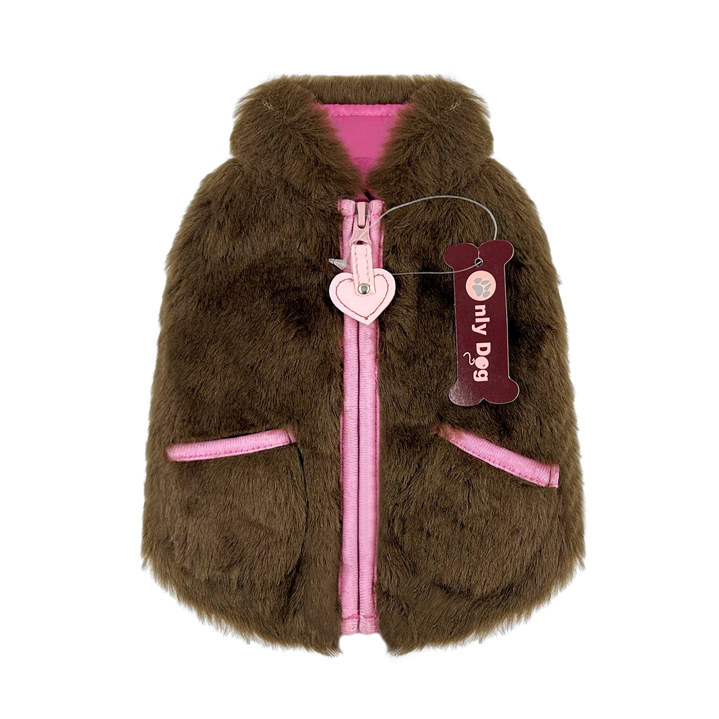 PUPPY DOG CLOTHING SERIES FURRY VEST HEART ZIPPER BROWN