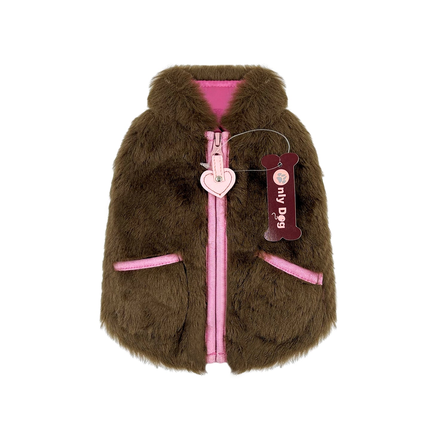 PUPPY DOG CLOTHING SERIES FURRY VEST HEART ZIPPER BROWN