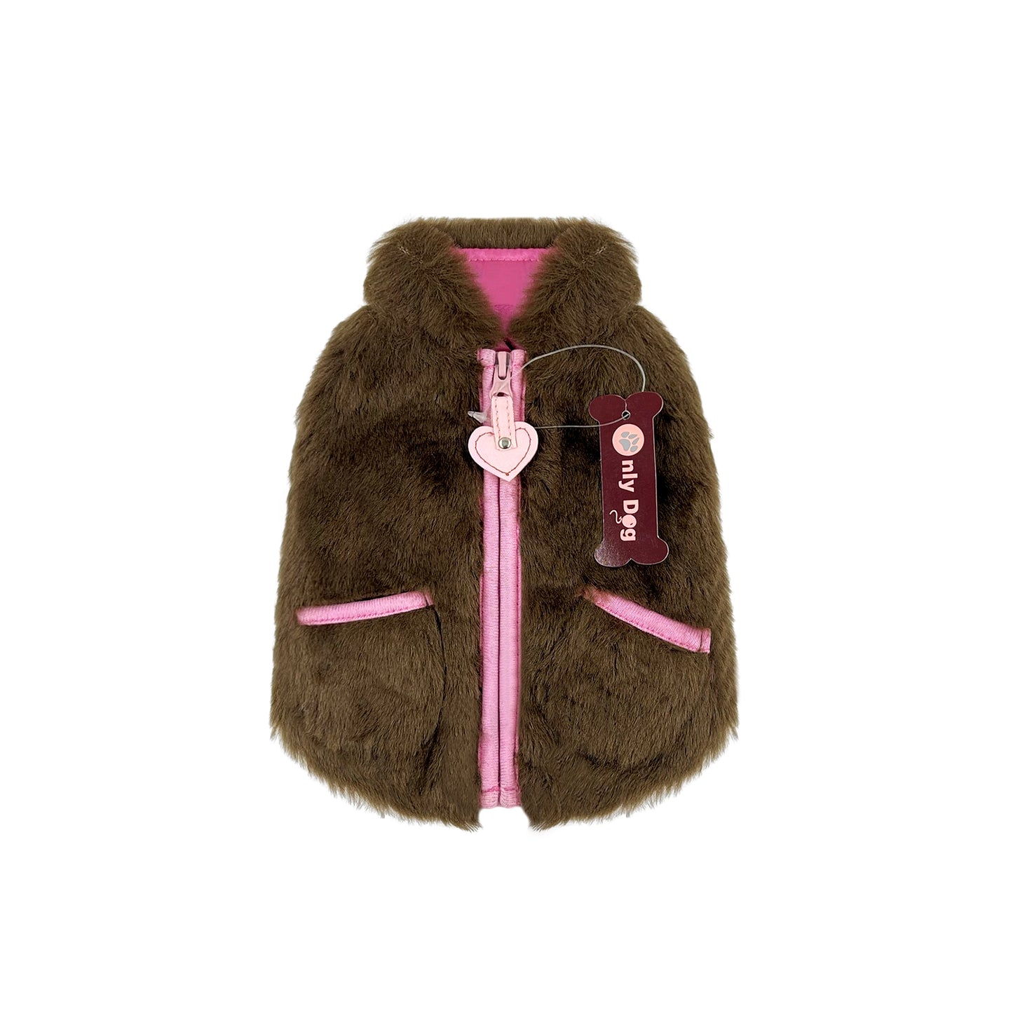 PUPPY DOG CLOTHING SERIES FURRY VEST HEART ZIPPER BROWN