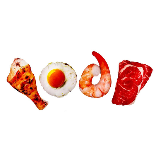 4 PACK DOG SQUEAKY TOYS REALISTIC MEAT SHAPE EGG/STEAK/DRUMSTICK/SHRIMP